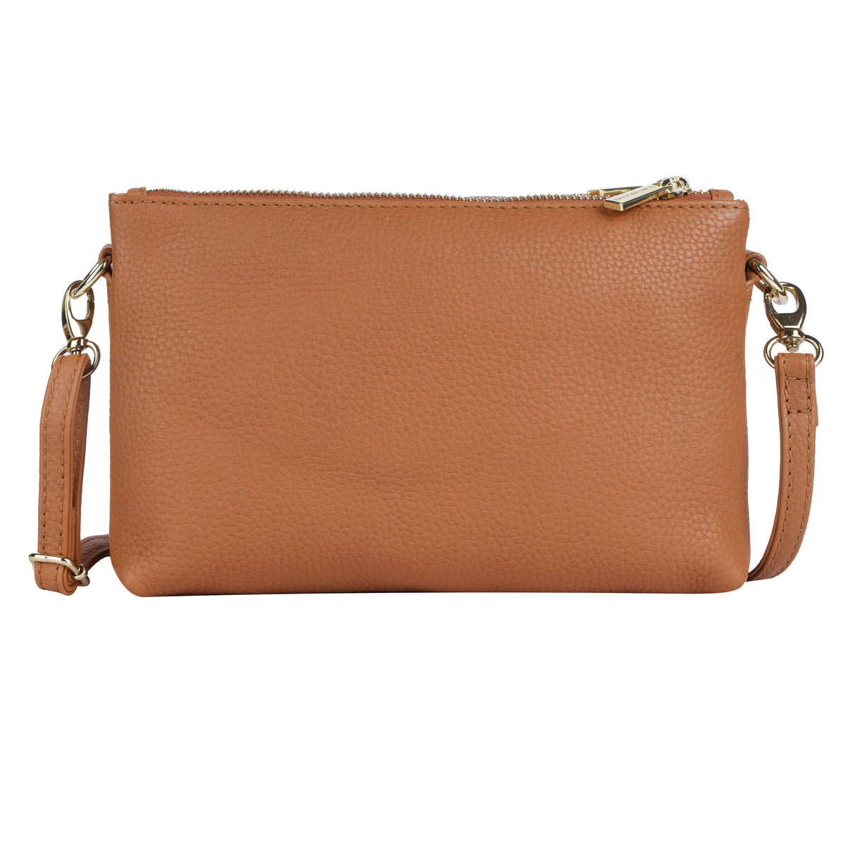 Tan cross body bag from the front, strap looped at either side