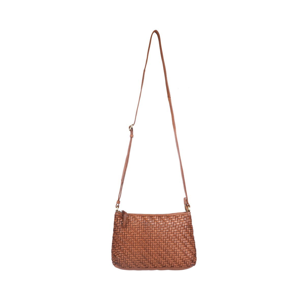 Oak woven cross body bag hanging at full length from its long strap