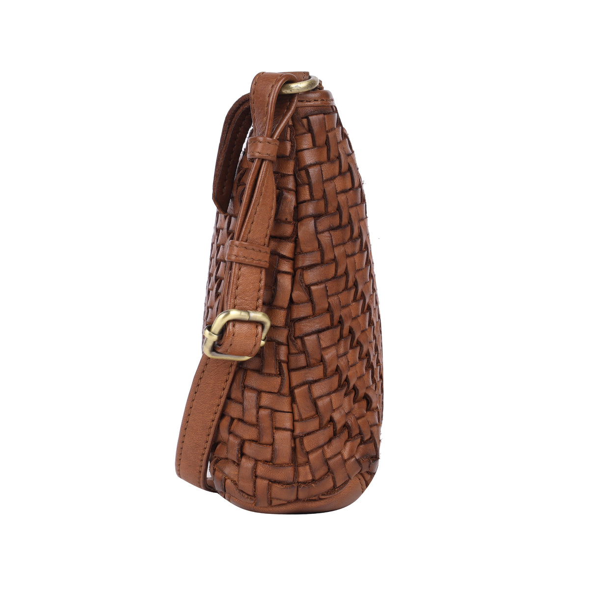 Side view of the oak bag, the weave carried round the end and a brass buckle on the strap