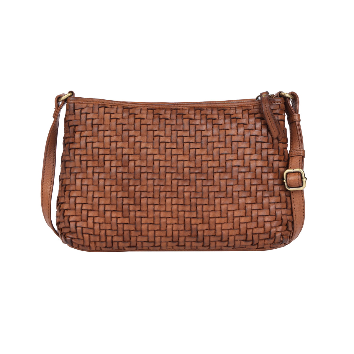 Oak woven cross body bag from the front, strap buckle on the right
