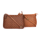 Woven leather cross body bags in oak and tan, one set behind the other
