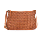 Tan woven cross body bag from the front, strap out to either side
