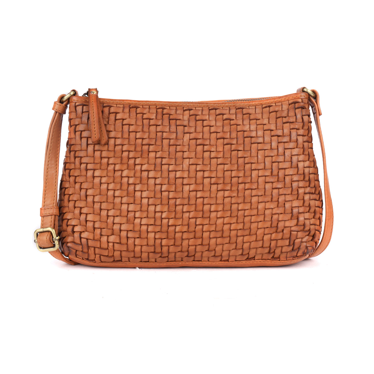 Tan woven cross body bag from the front, strap out to either side
