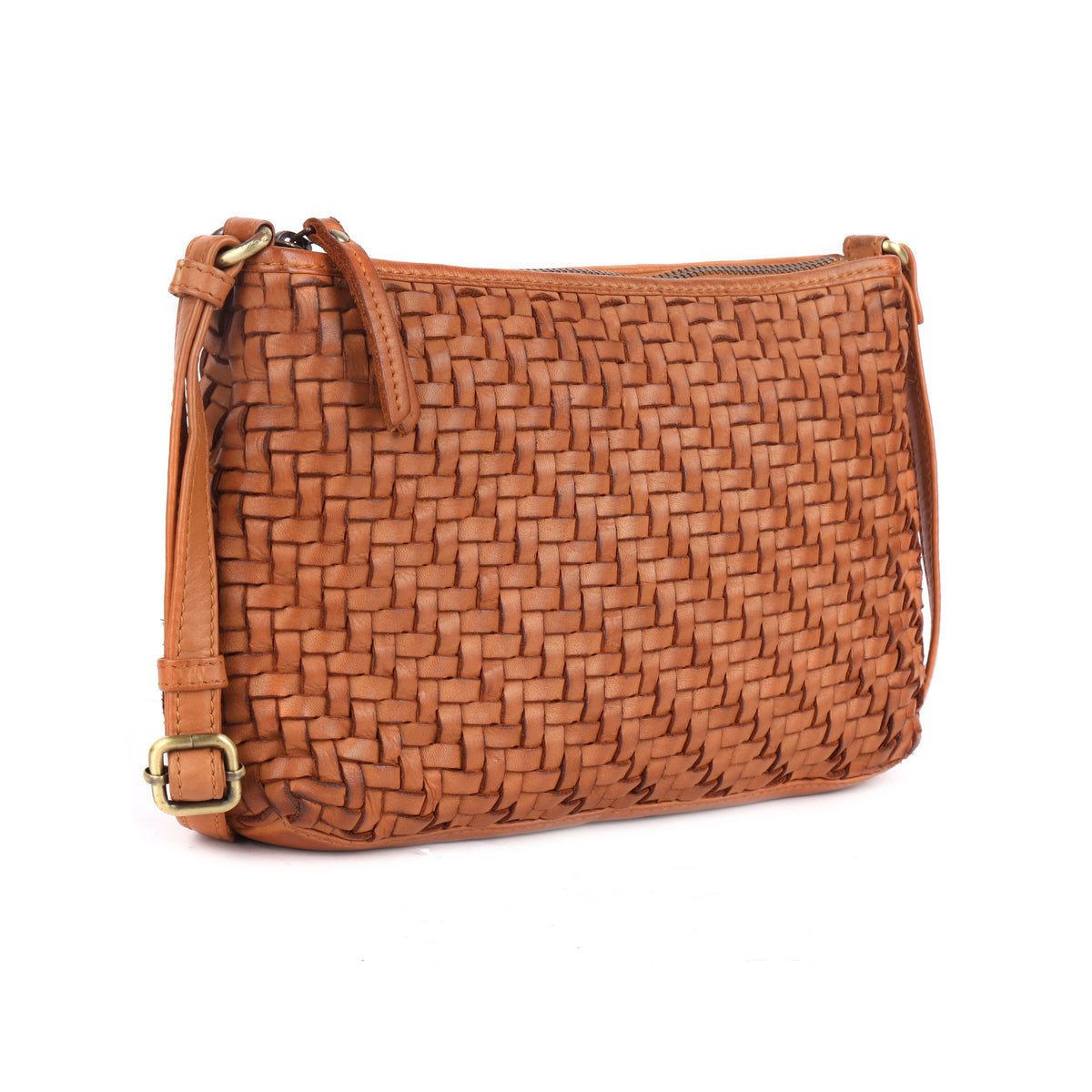 Tan woven bag angled, the weave running diagonally across the front