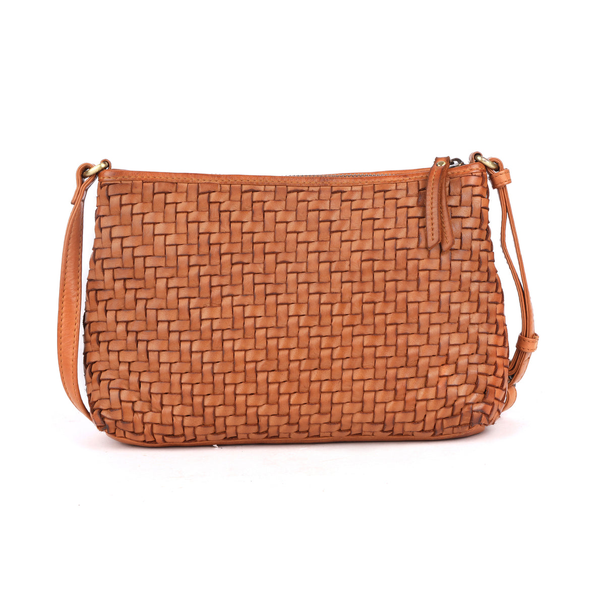 Tan woven bag from the front, strap gathered at the top