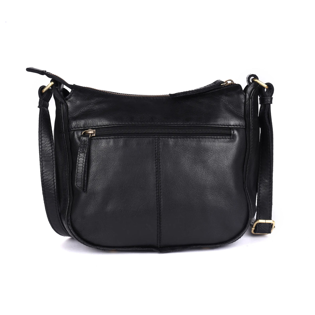 Back of the black bag, showing the zip pocket above a centre seam