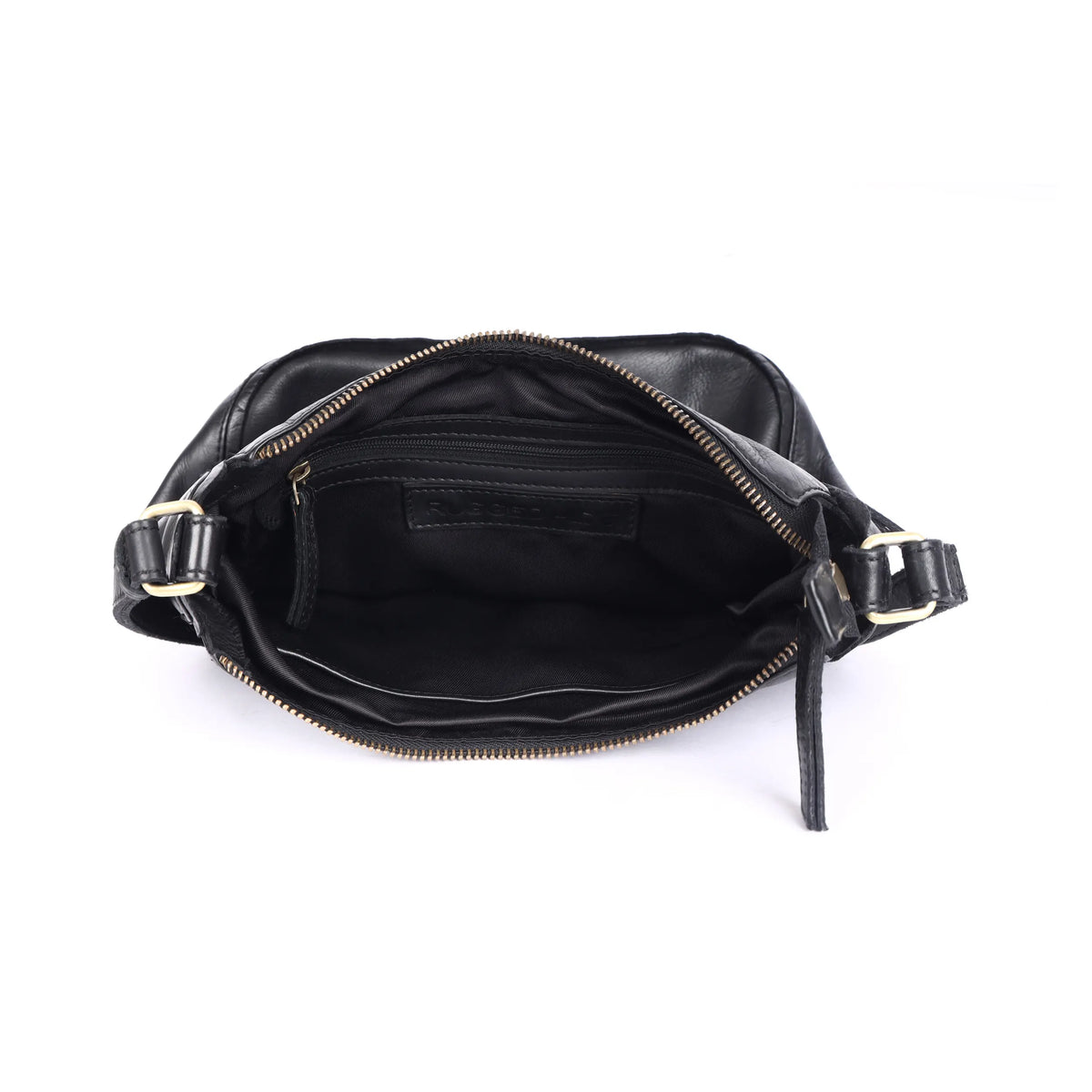 The black bag unzipped from above, showing the lining and inner pockets
