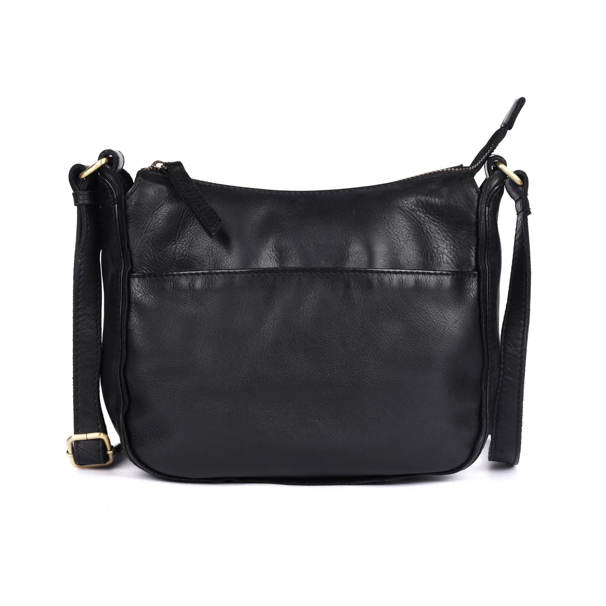 Black bag from the front, the strap buckled at either side