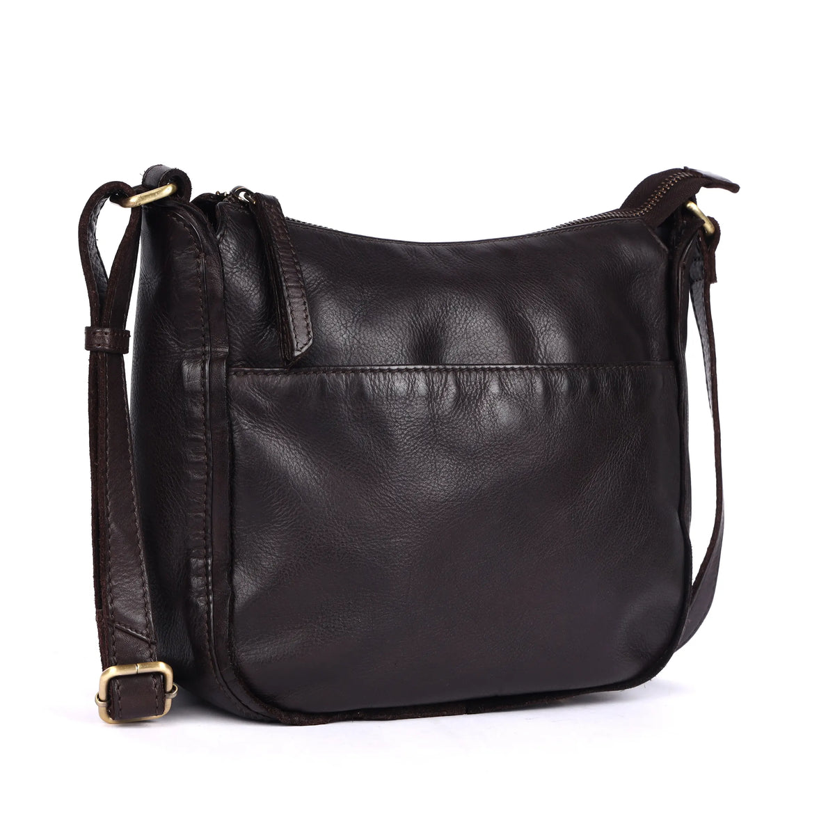 Brown leather bag angled, showing the rounded base and front pocket