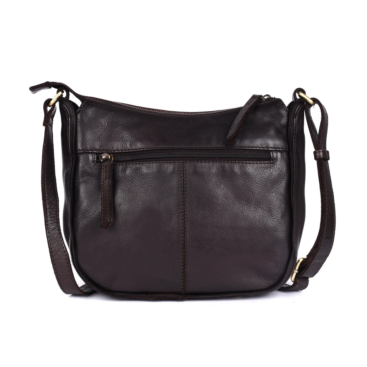 Back of the brown bag, showing the zip pocket above a centre seam
