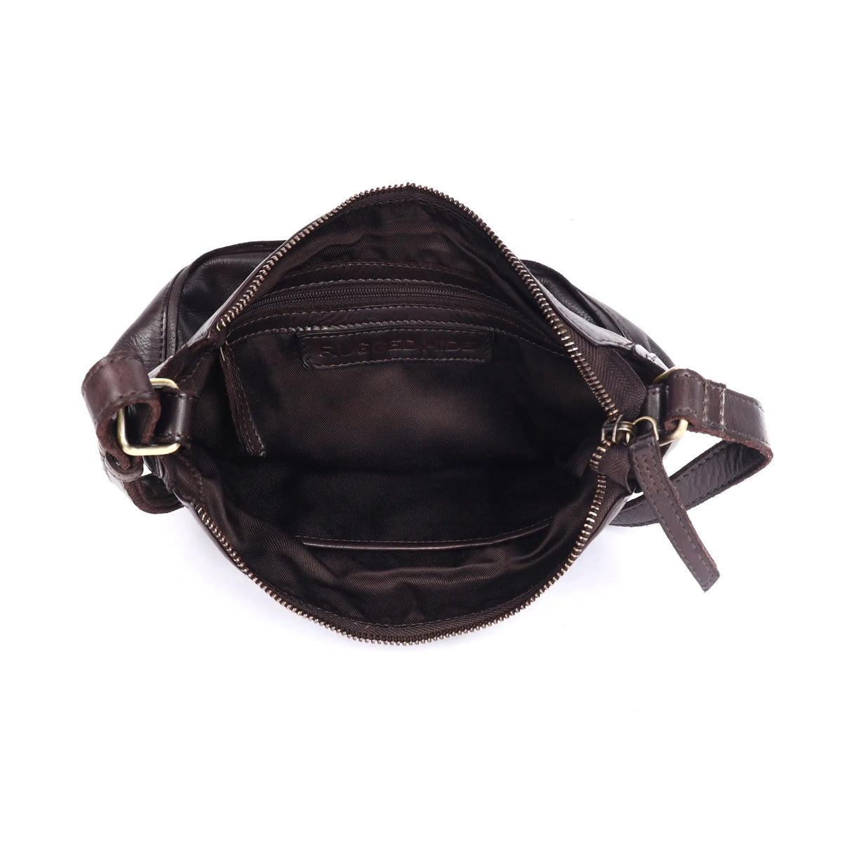 The brown bag unzipped from above, showing the lining and inner pockets