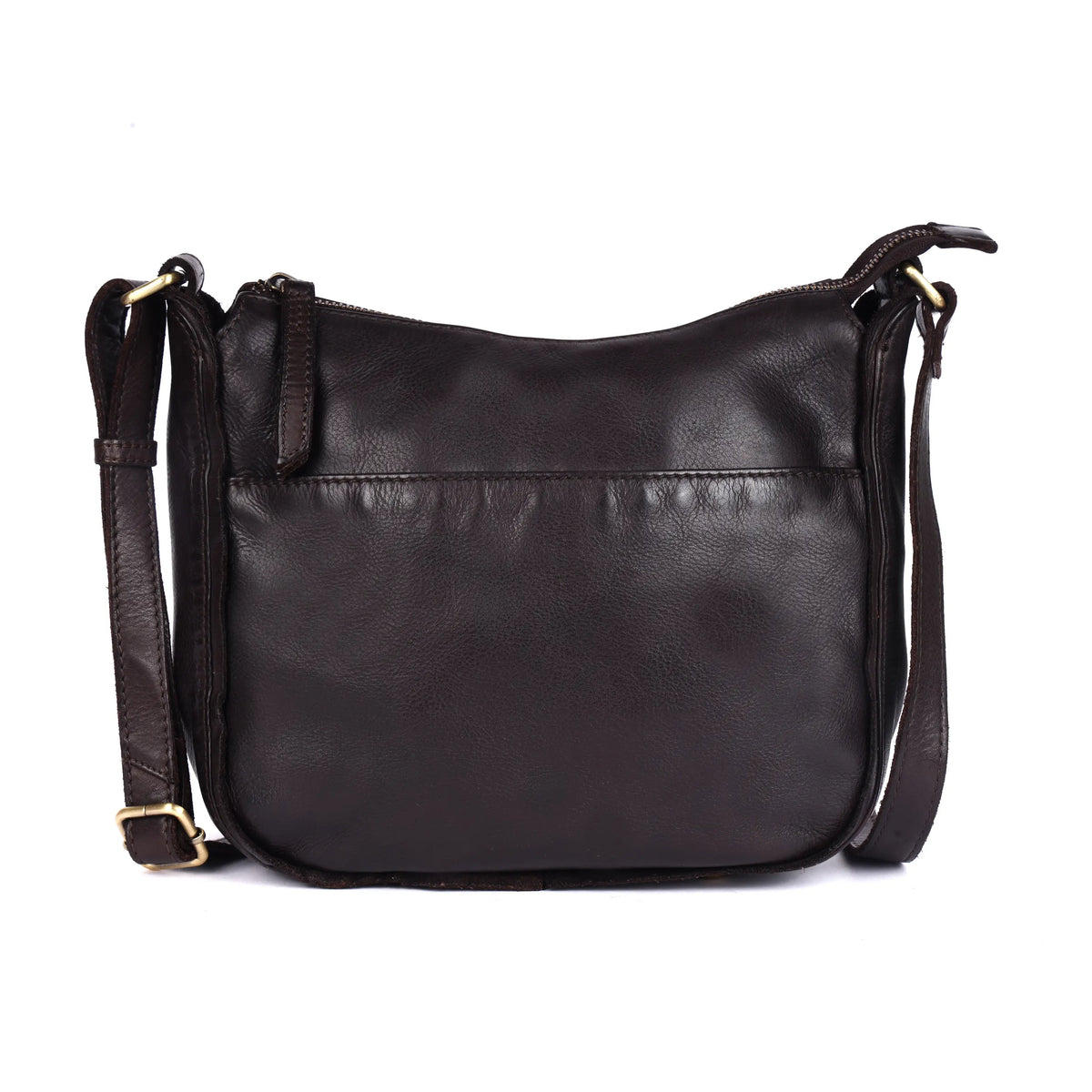 Brown bag from the front, the strap buckled at either side
