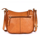 Back of the tan bag, showing the zip pocket above a centre seam