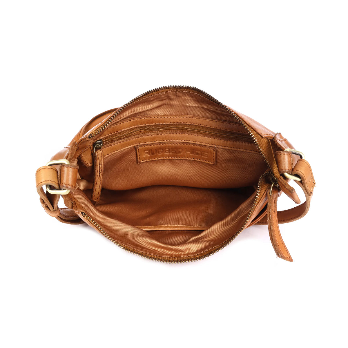 The tan bag unzipped from above, showing the tan lining, inner pockets and a stamped leather tab