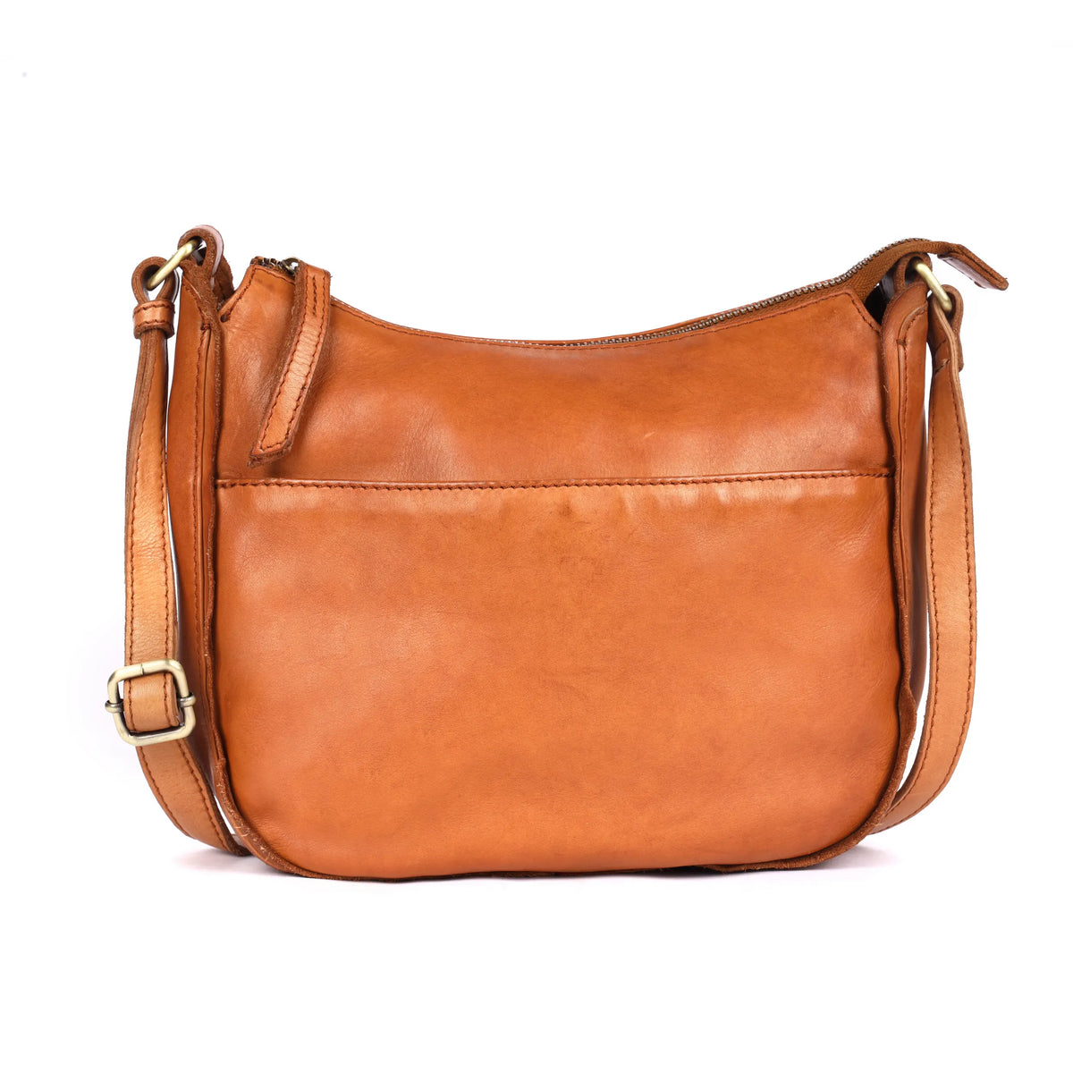 Tan bag from the front, the strap buckled at either side