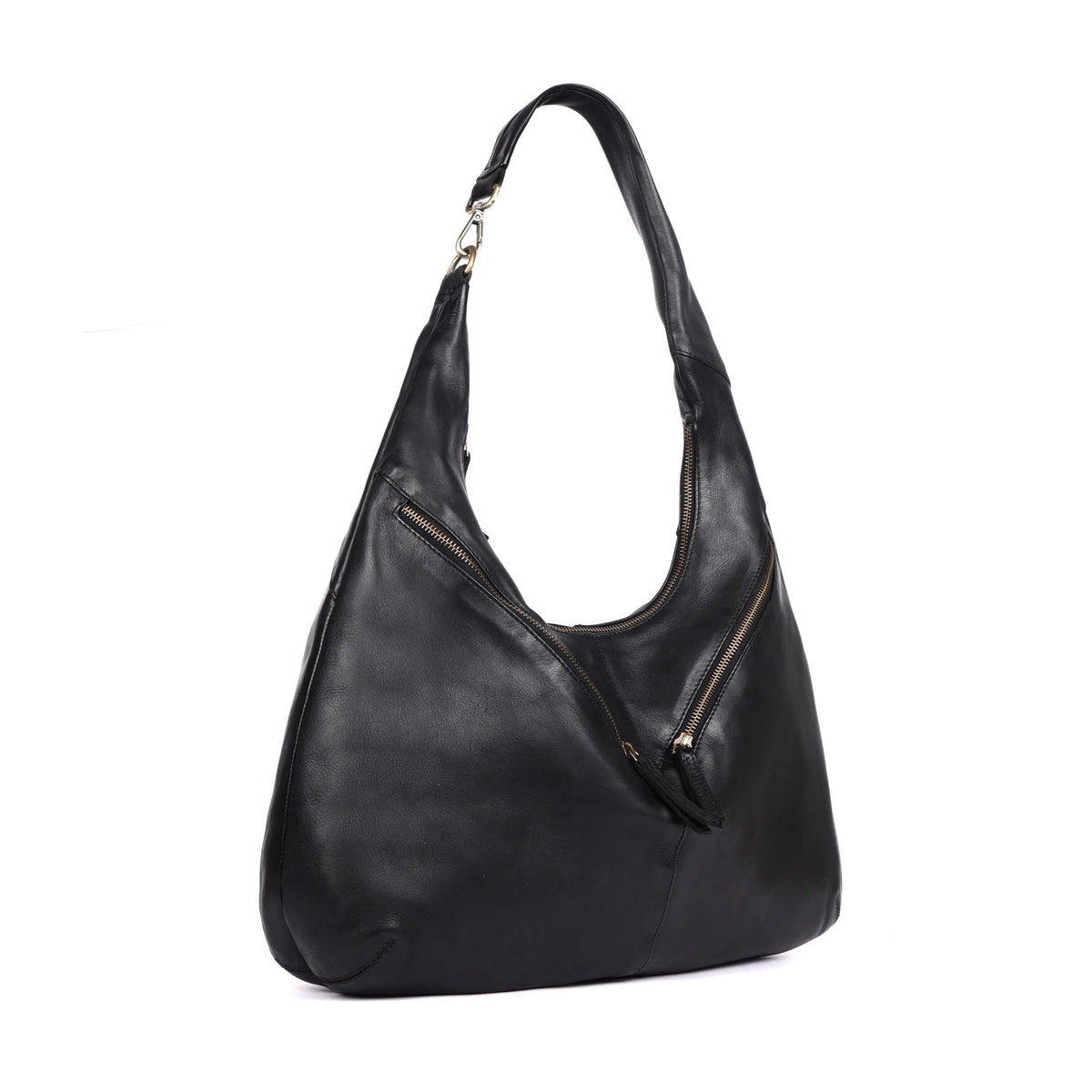 Black shoulder bag angled to the side, showing the depth of the body