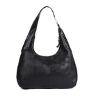 Back of the black shoulder bag, plain leather with a centre seam