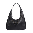 Black leather shoulder bag with a curved shape and two zips meeting in a V on the front