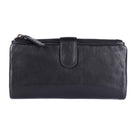 Black wallet closed from the front, press-stud tab fastened