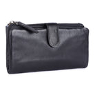 Black slim wallet angled, showing the zip along the top and the press-stud tab