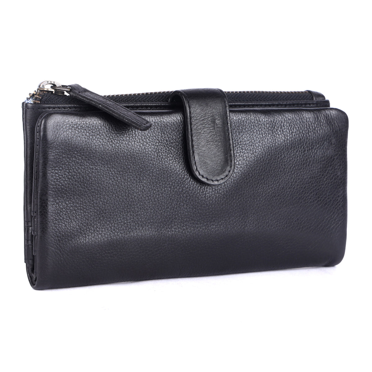 Black slim wallet angled, showing the zip along the top and the press-stud tab