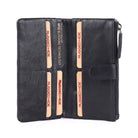 Black wallet open flat, showing rows of card slots and a card marked RFID blocking technology