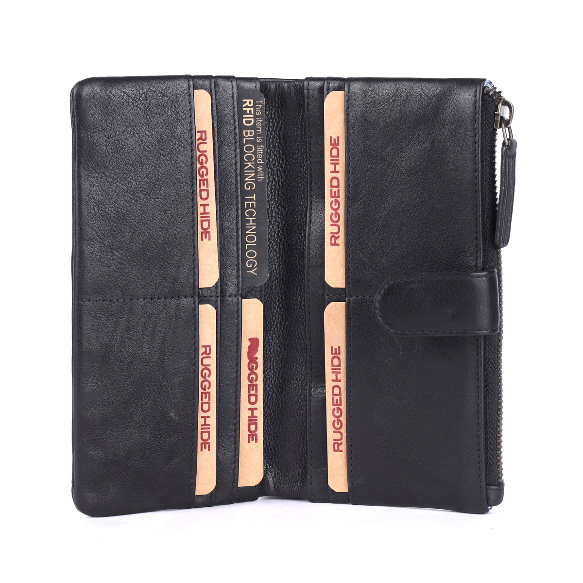 Black wallet open flat, showing rows of card slots and a card marked RFID blocking technology