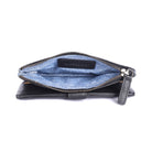 Black wallet unzipped, showing the blue-lined coin section