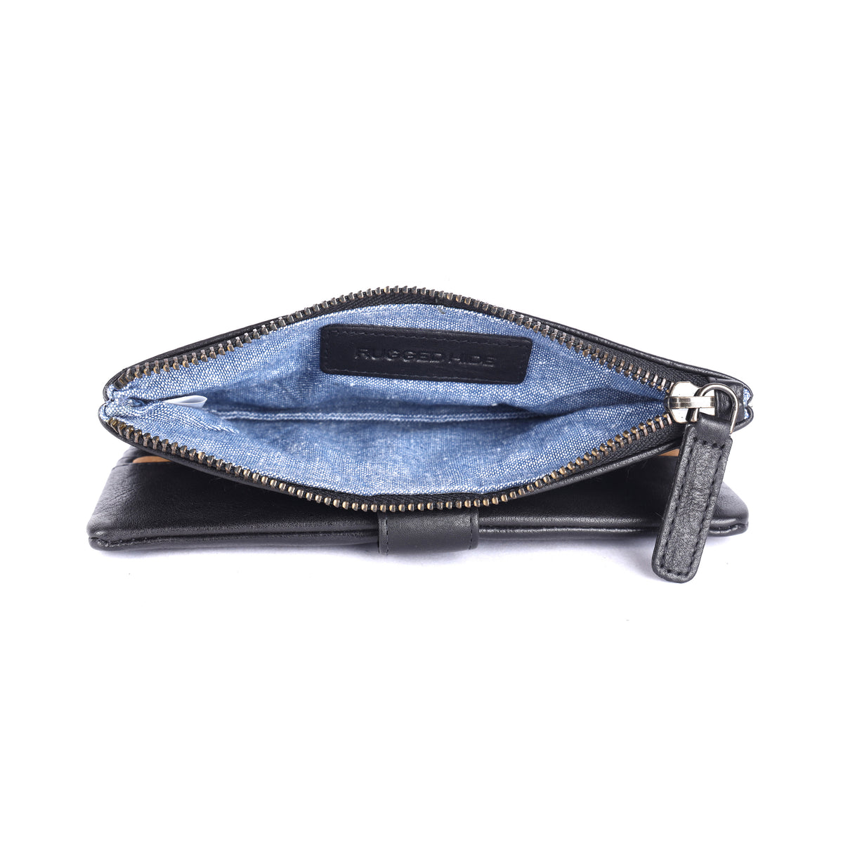 Black wallet unzipped, showing the blue-lined coin section