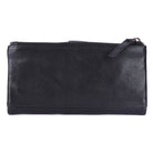 Back of the black wallet, plain leather with the zip pull at one end