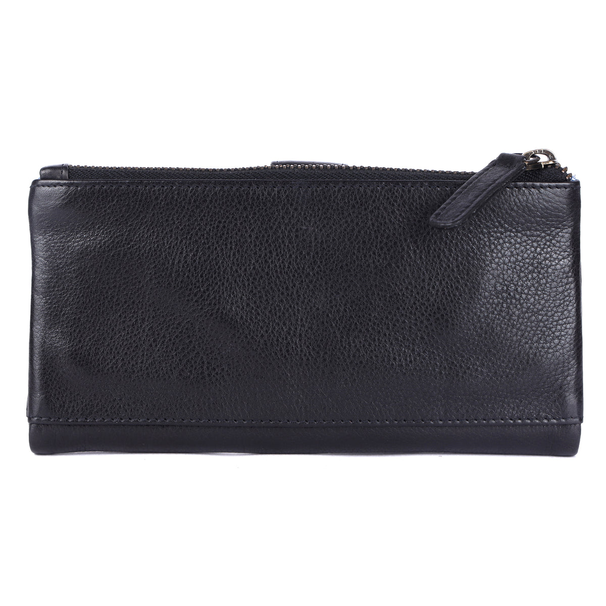 Back of the black wallet, plain leather with the zip pull at one end