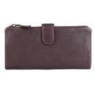 Brown wallet closed from the front, press-stud tab fastened