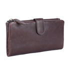 Brown slim wallet angled, showing the zip along the top and the press-stud tab