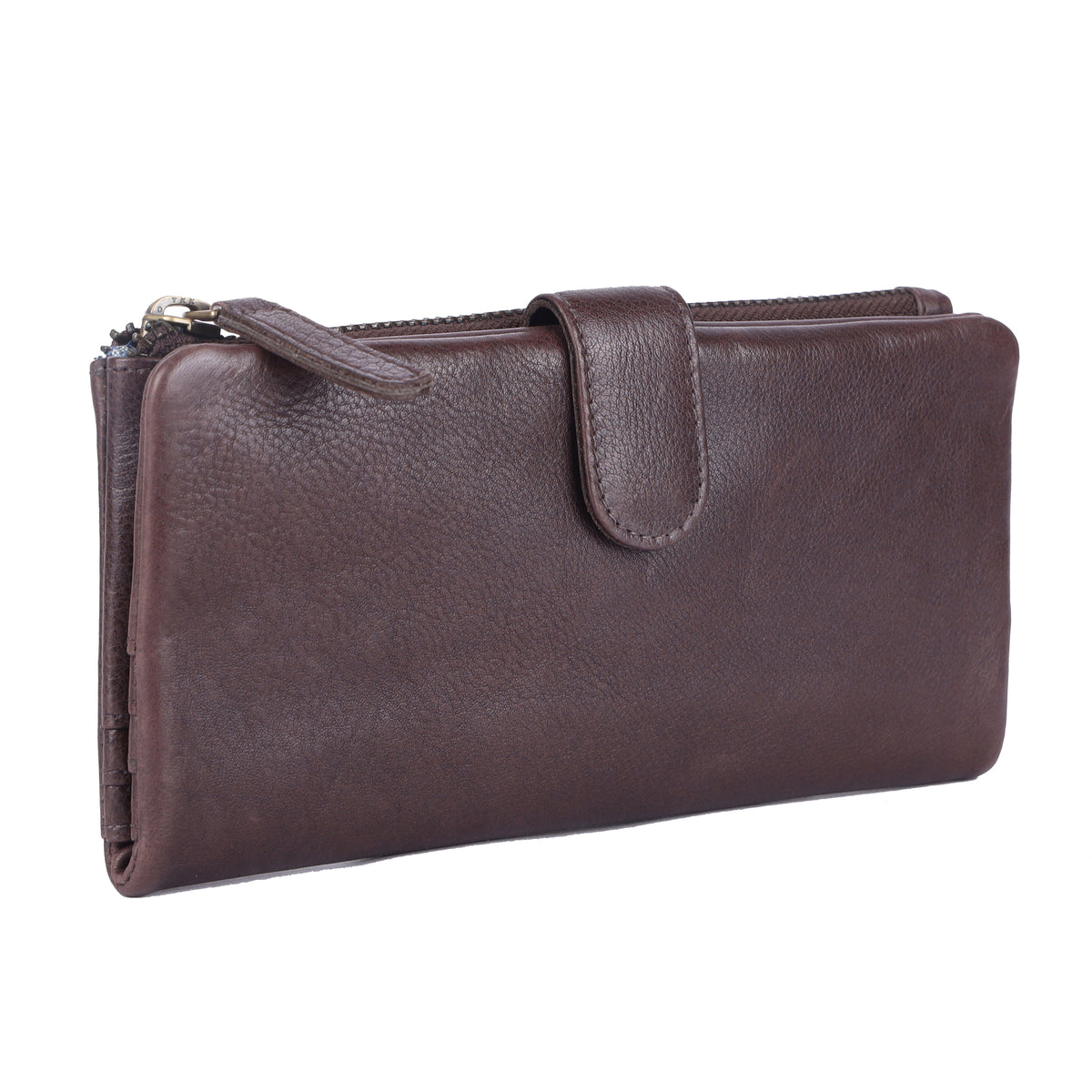 Brown slim wallet angled, showing the zip along the top and the press-stud tab