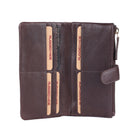 Brown wallet open flat, showing rows of card slots