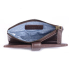 Brown wallet unzipped, showing the blue-lined coin section