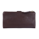 Back of the brown wallet, plain leather with the zip pull at one end