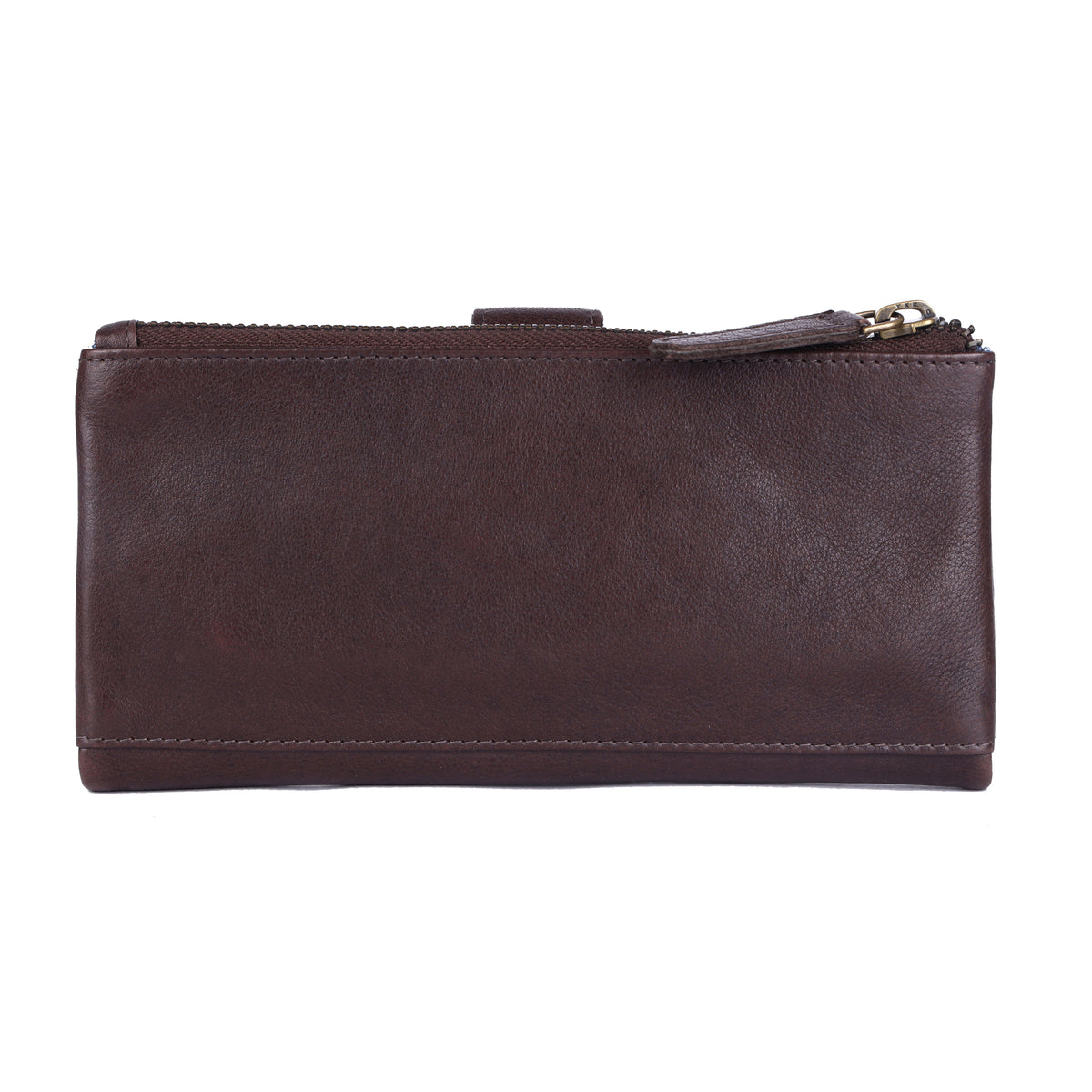 Back of the brown wallet, plain leather with the zip pull at one end