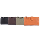Slim leather wallets side by side in black, brown, olive and tan