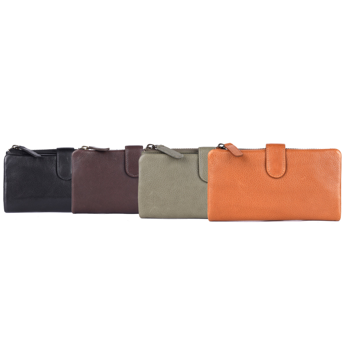 Slim leather wallets side by side in black, brown, olive and tan