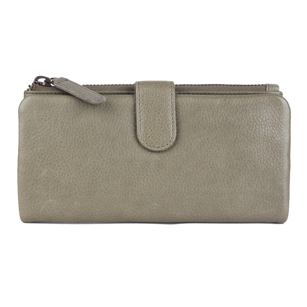 Olive wallet closed from the front, press-stud tab fastened
