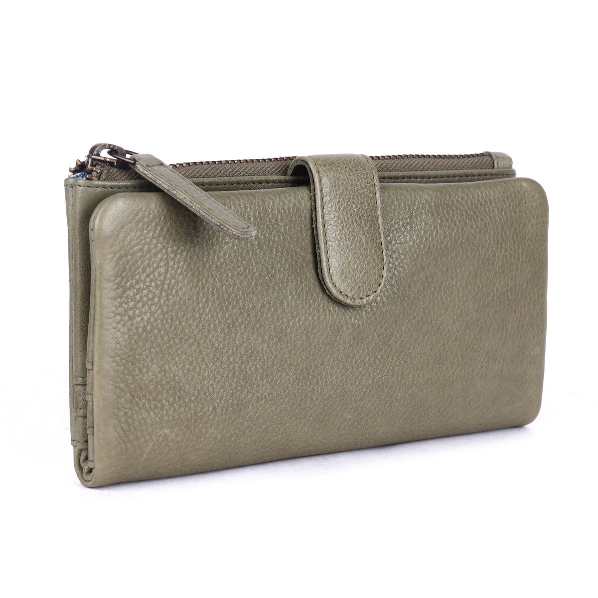 Olive slim wallet angled, showing the zip along the top and the press-stud tab