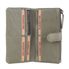 Olive wallet open flat, showing rows of card slots