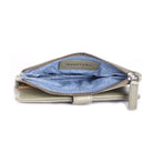 Olive wallet unzipped, showing the blue-lined coin section inside