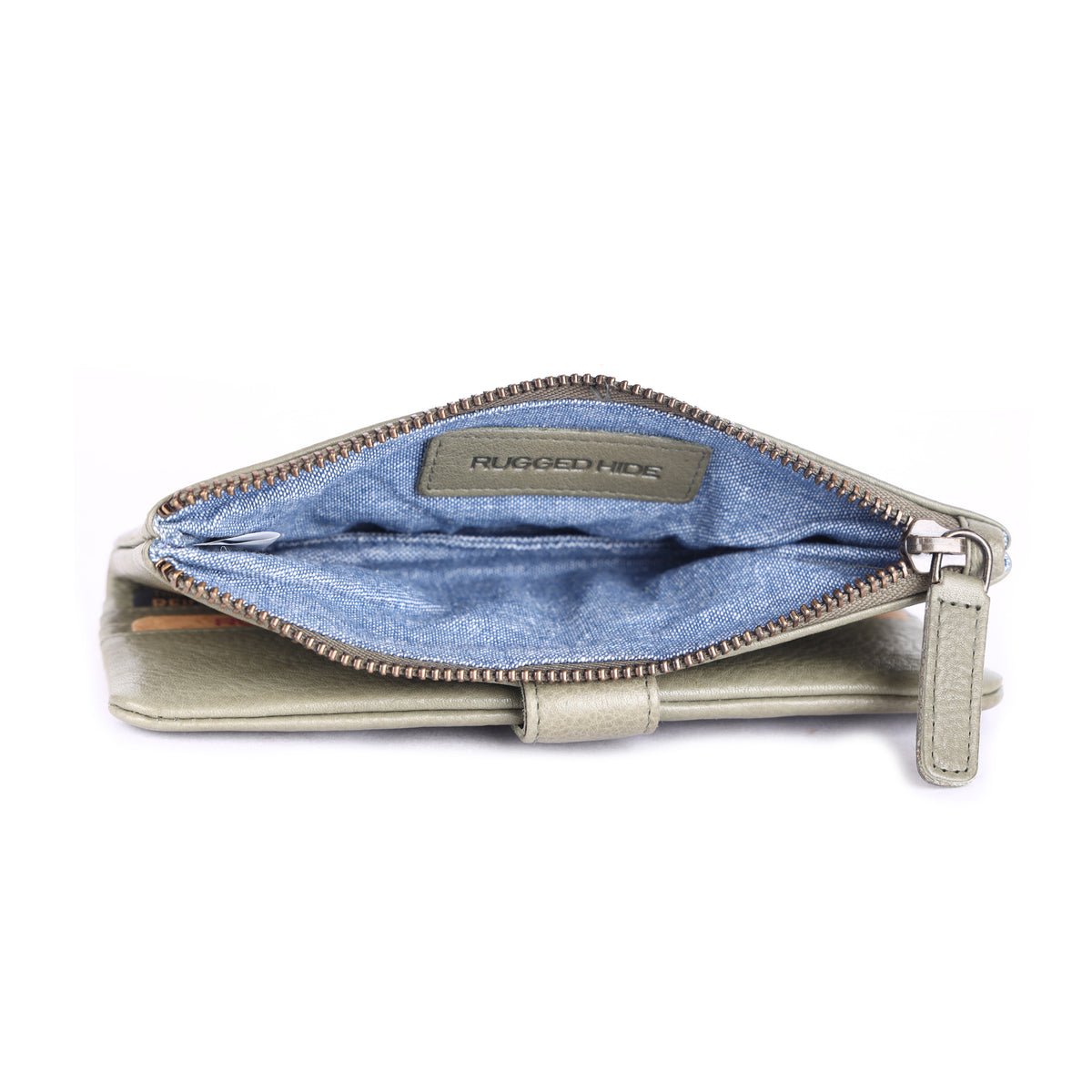 Olive wallet unzipped, showing the blue-lined coin section inside
