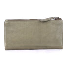 Back of the olive wallet, plain leather with the zip pull at one end