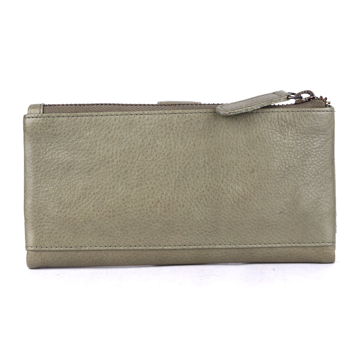 Back of the olive wallet, plain leather with the zip pull at one end