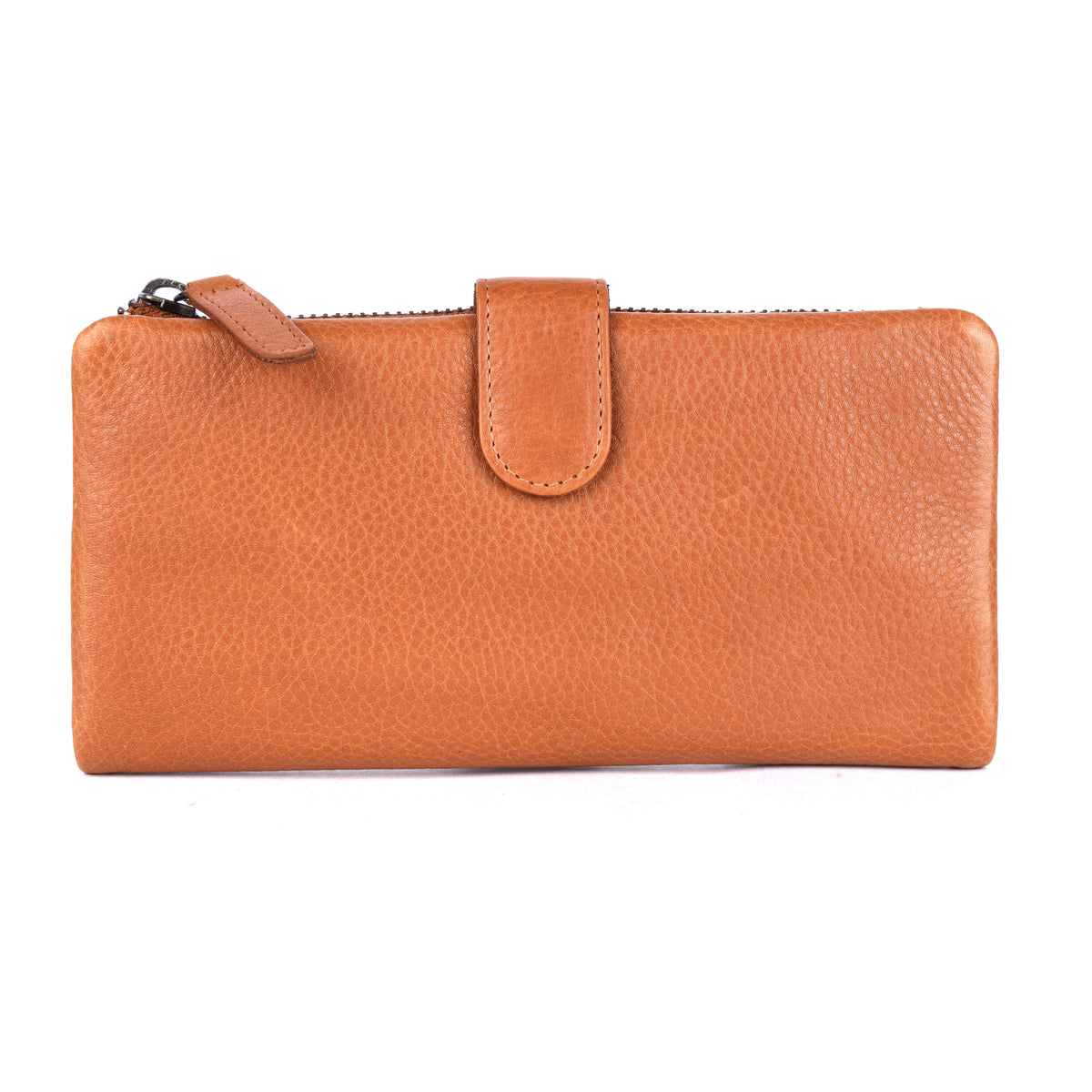 Tan wallet closed from the front, press-stud tab fastened