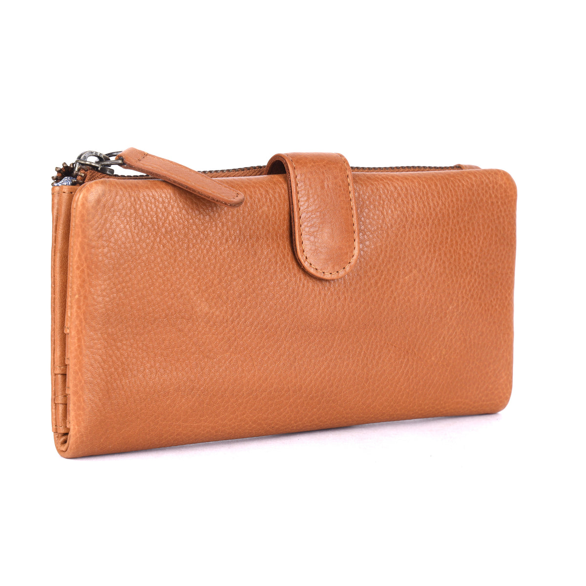 Tan slim wallet angled, showing the zip along the top and the press-stud tab