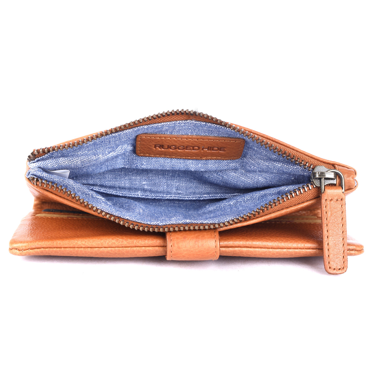 Tan wallet unzipped, showing the blue-lined coin section